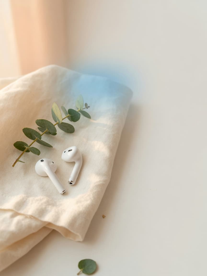 White AirPods resting on cream linen