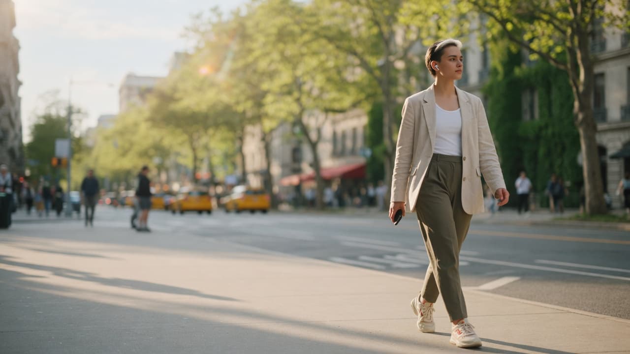 A person walking tall and upright down a sunlit city street, wearing AirPods