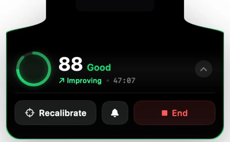 The AirPosture panel folded out of a MacBook notch showing score 88, Good, Improving, with Recalibrate and End buttons