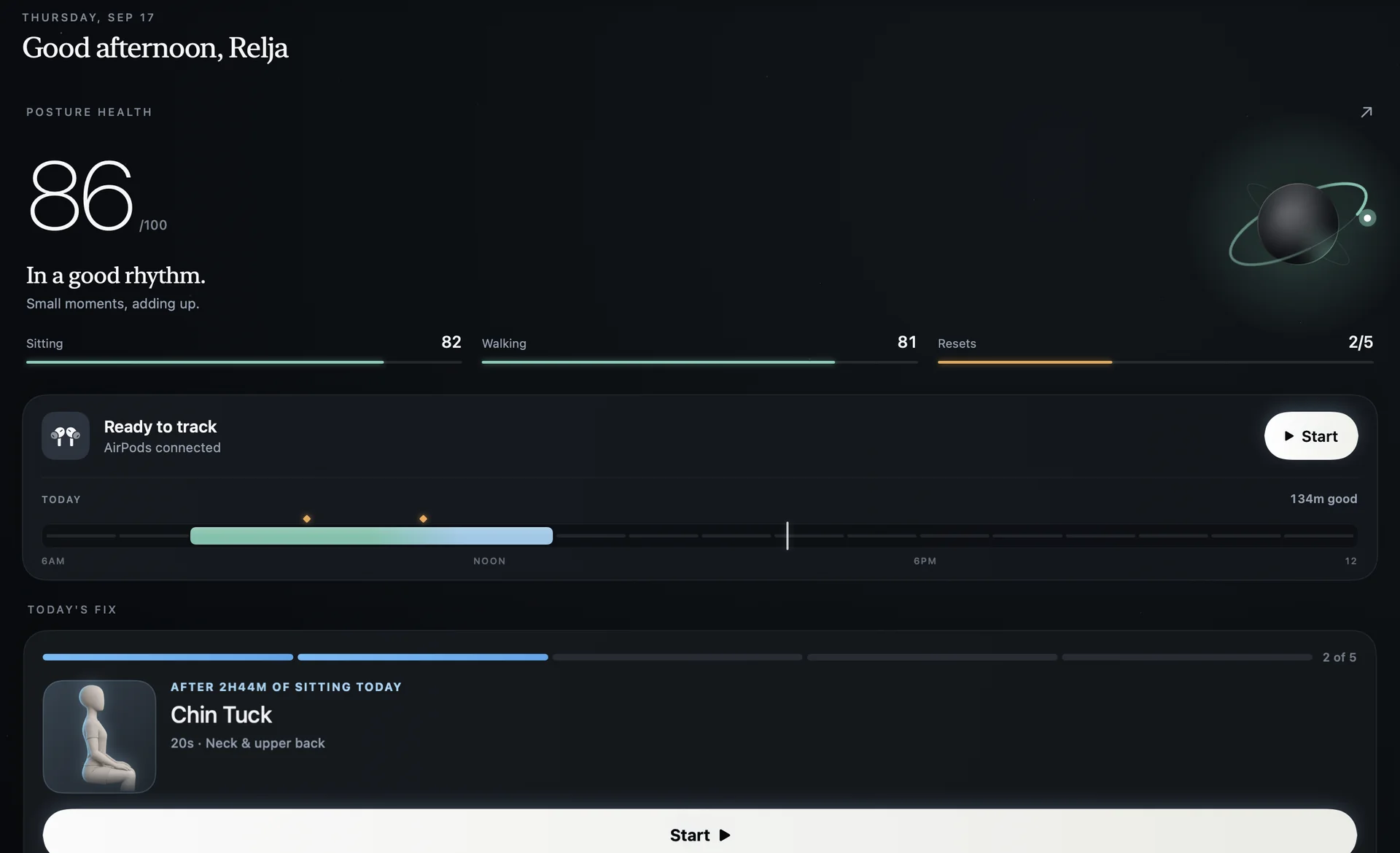 AirPosture on the Mac — Posture Health at 86, today's good time and the next fix, in the app window